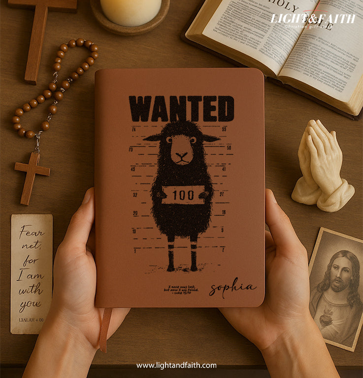Personalized Christian Journal with "Wanted Lost Sheep" Design, Custom Name Prayer & Faith Notebook, Religious Gift, First Communion Gifts, Birthday. NBLAF19